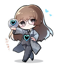Rule 34 | 1girl, aosoraa6, black eyes, black footwear, black necktie, blue heart, blunt bangs, breasts, brown hair, chibi, closed mouth, coat, collared shirt, commentary request, e.g.o (project moon), employee (project moon), glasses, grey coat, grey pants, grey vest, heart, highres, lobotomy corporation, long hair, long sleeves, necktie, no nose, open clothes, open coat, pants, project moon, round eyewear, shirt, simple background, small breasts, smile, solo, translation request, vest, walking, white background, white shirt