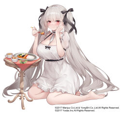 Rule 34 | 1girl, azur lane, barefoot, between breasts, black ribbon, breasts, cleavage, commentary request, copyright name, copyright notice, dress, eating, formidable (azur lane), frilled dress, frills, full body, grey hair, hair ribbon, hand on own cheek, hand on own face, holding, holding spoon, large breasts, long hair, looking at viewer, necktie, necktie between breasts, official alternate costume, puffy short sleeves, puffy sleeves, red eyes, ribbon, rice, short sleeves, simple background, solo, sora 72-iro, spoon, very long hair, white background, white dress