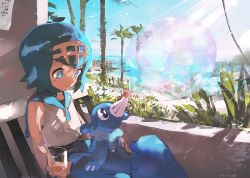 Rule 34 | 1girl, bad id, bad twitter id, baggy pants, beach, blue eyes, blue hair, blue sky, blush, bubble, creatures (company), cup, day, drinking glass, drinking straw, game freak, gen 7 pokemon, grass, hair ornament, lana (pokemon), nintendo, ocean, outdoors, pants, pokemon, pokemon (creature), pokemon sm, popplio, sand, shirt, short hair, sitting, skp, sky, sleeveless, sleeveless shirt, smile, swimsuit, swimsuit under clothes, tree, trial captain, tropical