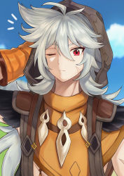 Rule 34 | 1boy, absurdres, antenna hair, arm up, blue sky, closed mouth, cloud, day, genshin impact, gloves, grey hair, hair between eyes, highres, hood, hood up, long hair, male focus, maumaou, one eye closed, orange gloves, outdoors, razor (genshin impact), red eyes, scar, scar on face, scratching head, sky, solo, upper body