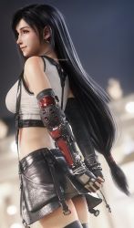 Rule 34 | 1girl, 3d, absurdres, arms behind back, asymmetrical bangs, black hair, breasts, earrings, elbow pads, final fantasy, final fantasy vii, final fantasy vii remake, fingerless gloves, gloves, highres, jewelry, large breasts, leather skirt, long hair, low-tied long hair, midriff, own hands clasped, red eyes, ria-neearts, shirt, skirt, solo, square enix, suspender skirt, suspenders, tifa lockhart, upper body, white shirt