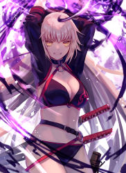 Rule 34 | 1girl, :d, animal ears, arms up, belt, belt buckle, bikini, black bikini, breasts, buckle, cleavage, commentary request, cowboy shot, fate/grand order, fate (series), grey hair, halterneck, highres, jeanne d&#039;arc alter (swimsuit berserker) (fate), jeanne d&#039;arc (fate), jeanne d&#039;arc alter (fate), jeanne d&#039;arc alter (swimsuit berserker) (fate), katana, large breasts, light particles, long hair, long sleeves, magic, nomuraumu, o-ring, o-ring bikini, o-ring top, open mouth, sheath, sheathed, shrug (clothing), skindentation, smile, solo, swimsuit, sword, teeth, thighs, v-shaped eyebrows, very long hair, weapon, weapon on back, yellow eyes