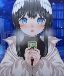 Rule 34 | 1girl, :d, black hair, black shirt, blue eyes, blue hair, blush, breath, building, can, commentary, feathered wings, head wings, holding, holding can, indie virtual youtuber, jacket, kurata rine, kuratarine, long hair, long sleeves, looking at viewer, multicolored hair, night, night sky, open clothes, open jacket, open mouth, outdoors, own hands together, puffy long sleeves, puffy sleeves, shirt, sky, sleeves past wrists, smile, solo, symbol-only commentary, two-tone hair, upper body, virtual youtuber, white jacket, white wings, wings