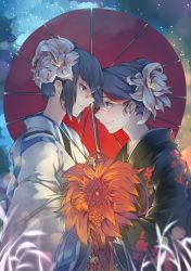 Rule 34 | 10s, 2girls, alternate hairstyle, black hair, blue eyes, blush, cloud, eye contact, flower, from side, hair flower, hair ornament, hair up, incest, japanese clothes, kill la kill, kimono, kiryuuin satsuki, looking at another, matoi ryuuko, multicolored hair, multiple girls, night, parasol, red hair, short hair, siblings, sisters, smile, star (sky), two-tone hair, umbrella, wide sleeves, yorukun