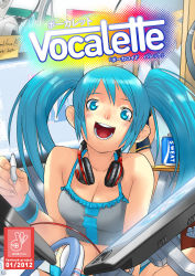 Rule 34 | 1girl, absurdres, alternate costume, aqua eyes, aqua hair, breasts, camisole, cessa, character request, check character, cleavage, crop top, drawing tablet, frills, hatsune miku, headphones, headphones around neck, highres, indoors, long hair, medium breasts, pocari sweat, sidelocks, solo, twintails, upper body, vocaloid