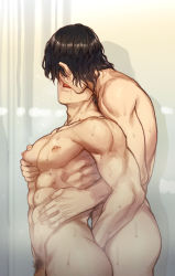 Rule 34 | 2boys, abs, arm behind back, behind another, black hair, completely nude, cowboy shot, face-to-face, french kiss, from side, grabbing, hand on another&#039;s stomach, highres, hug, hug from behind, indoors, kiss, male focus, male pubic hair, multiple boys, muscular, muscular male, navel, nipples, nude, pectoral grab, penis, pubic hair, saliva, saliva trail, short hair, shower (place), wet, wet hair, yaoi, yukibi (ykb)