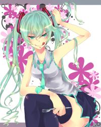 Rule 34 | 1girl, :q, fork, fukutsuu, green eyes, green hair, hatsune miku, crossed legs, long hair, matching hair/eyes, necktie, sitting, skirt, solo, thighhighs, tongue, tongue out, twintails, tyuuko, very long hair, vocaloid