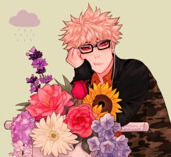 Rule 34 | 1boy, artist name, bakugou katsuki, black jacket, blonde hair, blue flower, boku no hero academia, bouquet, camouflage, camouflage jacket, cheek squash, claireiosity, closed mouth, cloud, collared shirt, earbuds, earphones, eyebrows, flower, glasses, green background, hair between eyes, hand on own face, jacket, light blush, long sleeves, looking to the side, male focus, orange shirt, pale skin, pink flower, purple flower, rain, red eyes, red flower, rose, shirt, short hair, sitting, sleeves past elbows, solo, solo focus, spiked hair, sunflower, table, tulip, twitter username, water drop, watermark, white flower, yellow flower