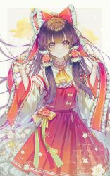 Rule 34 | 1girl, :o, absurdres, ascot, bow, brown hair, commentary, detached sleeves, feet out of frame, flower, frilled ascot, frilled bow, frilled hair tubes, frilled ribbon, frills, hair bow, hair tubes, hakurei reimu, hands up, here (hr rz ggg), highres, holding, holding ribbon, long hair, looking at viewer, open mouth, petticoat, red bow, red eyes, red flower, red ribbon, red rose, red skirt, red vest, ribbon, ribbon-trimmed sleeves, ribbon trim, rose, skirt, solo, symbol-only commentary, too many, too many frills, touhou, two-sided sleeves, very long hair, vest, white flower, white sleeves, wide sleeves, yellow ascot, yellow bow