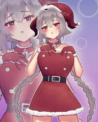Rule 34 | 1girl, absurdres, azur lane, bare shoulders, bell, belt, blush, braid, buttons, christmas, collar, cowboy shot, detached collar, dress, gloves, gradient background, grey hair, hair between eyes, hair intakes, hands on own chest, hands up, hat, highres, horns, long hair, looking at viewer, low twin braids, neck bell, nuernberg (azur lane), outline, parted lips, red collar, red dress, red eyes, red gloves, red hat, red horns, santa costume, santa dress, santa hat, short dress, sleeveless, sleeveless dress, solo, sparkle, twin braids, vladitsvar, white outline