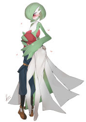Rule 34 | 1boy, 1girl, age difference, blush, child, colored skin, commentary request, creatures (company), game freak, gardevoir, gen 3 pokemon, green hair, hat, height difference, highres, hug, mixed-language commentary, multicolored skin, nintendo, onee-shota, pokemon, pokemon (creature), pokemon legends: arceus, red eyes, rei (pokemon), rib:y(uhki), simple background, size difference, smile, standing, two-tone skin, white background, white skin