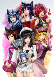 Rule 34 | 6+girls, :d, :p, ahri (league of legends), alternate costume, animal ears, armor, bare shoulders, belt, black hair, blazer, blonde hair, blue hair, blush, bow, braid, breasts, brown eyes, buttons, cleavage, collar, colored eyelashes, cosplay, cowboy shot, detached sleeves, dynasty ahri, ears through headwear, epaulettes, esports, facial mark, fire, fireball, foxfire ahri, fur trim, generation ahri, girls&#039; generation, goomrrat, green eyes, grey legwear, hair bun, hair ornament, hair stick, hand on own face, hat, hat bow, hat tip, heart, heart-shaped pupils, helmet, highres, holding, index finger raised, jacket, jewelry, korean clothes, large breasts, league of legends, lips, long hair, long sleeves, looking at viewer, medium breasts, midnight ahri, multiple girls, multiple persona, open clothes, open mouth, orange eyes, outline, outstretched arm, pantyhose, peaked cap, pendant, popstar ahri, red hair, riot games, short hair, short shorts, shorts, sideboob, sidelocks, single hair bun, smile, source request, symbol-shaped pupils, tail, tongue, tongue out, trophy, uniform, v, whisker markings, wide sleeves, yellow eyes