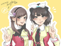 Rule 34 | 2girls, ayase eli, black bow, black bowtie, black eyes, black hair, black hairband, black necktie, blush, bow, bowtie, brown eyes, brown hair, collared shirt, commentary request, dated, double w, feather hair ornament, feathers, flower, folded ponytail, frilled shirt collar, frills, grin, hair bow, hair flower, hair ornament, hairband, hands up, jacket, kashikaze, kusuda aina, long hair, long sleeves, looking at viewer, love live!, love live! school idol project, low twintails, medium hair, multicolored clothes, multicolored jacket, multiple girls, nanjou yoshino, necktie, open mouth, outline, parted lips, purple flower, red jacket, shirt, sidelocks, signature, smile, sore wa bokutachi no kiseki, teeth, tojo nozomi, translated, twintails, two-tone jacket, upper body, v, voice actor, voice actor connection, w, white outline, white shirt, yellow background