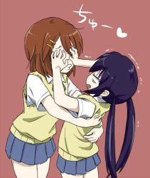 Rule 34 | 2girls, black hair, brown hair, female focus, hand on another&#039;s face, hands on another&#039;s face, hirasawa yui, hug, imminent kiss, k-on!, long hair, multiple girls, nakano azusa, o3o, ronti, school uniform, short hair, skirt, sweater vest, twintails, yuri