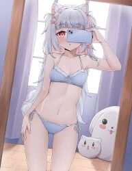 Rule 34 | 1girl, absurdres, animal ear fluff, animal ears, bare arms, bare legs, blue bra, blue panties, blunt bangs, bow, bra, breasts, cellphone, colored inner hair, commentary, cowboy shot, curtains, dog ears, dog girl, dog tail, gram pico, grey hair, hair bow, hair ribbon, highres, indoors, long hair, mirror, multicolored hair, navel, open mouth, panties, paw hair ornament, phase connect, phase connect jp, phone, pink hair, red eyes, ribbon, selfie, sidelocks, small breasts, smartphone, solo, standing, stomach, stuffed animal, stuffed toy, syarrchan, tail, two-tone hair, underwear, very long hair, virtual youtuber, window
