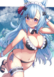 Rule 34 | 1girl, animal ears, bikini, black bikini, black bow, black bowtie, blue hair, bow, bowtie, breasts, cleavage, closed mouth, commentary request, commission, detached collar, frills, highres, horse ears, horse girl, horse tail, looking at viewer, maid headdress, mejiro ardan (umamusume), navel, purple eyes, sandals, skeb commission, smile, solo, swimsuit, tail, toes, umamusume, yuutopia