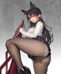Rule 34 | 1girl, animal ear fluff, animal ears, ass, atago (azur lane), azur lane, black footwear, black hair, black sailor collar, black skirt, breasts, brown pantyhose, crotch seam, eyelashes, eyeshadow, from behind, from below, grey background, hair ribbon, high heels, highres, lace, lace-trimmed panties, lace trim, large breasts, leg up, lipgloss, lipstick, loafers, long hair, long sleeves, looking at viewer, makeup, mascara, miniskirt, mole, mole under eye, neckerchief, panties, panties under pantyhose, pantyhose, parted lips, pleated skirt, railing, red lips, rhasta, ribbon, sailor collar, school uniform, shiny footwear, shirt, shoes, sidelocks, skirt, sleeves past wrists, smile, solo, swept bangs, thighs, underwear, very long hair, white panties, white ribbon, white shirt, yellow eyes