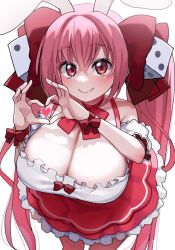 Rule 34 | 1girl, akitokage, animal ears, bare shoulders, bow, breasts, choker, cleavage, di gi charat, dice, dice hair ornament, hair bow, hair ornament, heart, heart hands, highres, large breasts, long hair, looking at viewer, pink hair, rabbit ears, red eyes, ribbon, smile, solo, twintails, usada hikaru