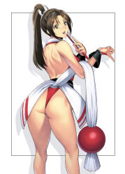 Rule 34 | 1girl, ass, back, backless outfit, bare back, breasts, bridal gauntlets, brown eyes, brown hair, curvy, fatal fury, female focus, from behind, frown, hair ribbon, hand fan, hand on own hip, high ponytail, highres, hip focus, holding, holding fan, homare (fool&#039;s art), huge filesize, japanese clothes, kneepits, large breasts, legs, long hair, looking at viewer, matching hair/eyes, ninja, panties, ponytail, red panties, ribbon, sash, scan, shiranui mai, simple background, smile, solo, standing, the king of fighters, thighs, thong, underwear