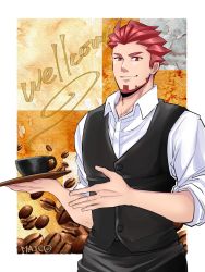 Rule 34 | 0402ma (maico), 1boy, 2bro., artist name, barista, beard, black vest, coffee beans, cup, facial hair, highres, holding, holding tray, looking at viewer, male focus, mug, red eyes, red hair, shirt, sleeves rolled up, solo, tray, vest, white shirt