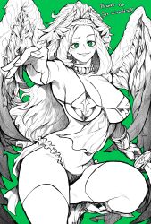 Rule 34 | 1girl, absurdres, angel wings, armor, bikini armor, breasts, commission, english text, flying, green background, green eyes, greyscale with colored background, head wreath, highres, holding, holding sword, holding weapon, large breasts, laurel crown, long hair, looking at viewer, original, outstretched hand, revealing clothes, skeb commission, solo, spot color, sword, thighhighs, thong, weapon, wings, yotsumi shiro