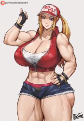 Rule 34 | 1girl, abs, bare shoulders, batako (batakoart), beige background, black gloves, black panties, blonde hair, blue eyes, breasts, cleavage, collarbone, denim, denim shorts, english text, fatal fury, fingerless gloves, genderswap, gloves, grey background, grin, hand on own hip, hat, highres, huge breasts, looking at viewer, mature female, midriff, muscular, muscular female, navel, open clothes, open shorts, panties, red hat, short shorts, shorts, sidelocks, simple background, smile, snk heroines: tag team frenzy, solo, standing, terry bogard, thick thighs, thighs, thumbs up, underwear