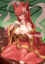 Rule 34 | 1girl, absurdres, alcohol, bare shoulders, breast hold, breasts, breasts out, cherry blossoms, dragon horns, earrings, flower, foot out of frame, full body, hair between eyes, hair flower, hair ornament, highres, hitokuirou, horns, japanese clothes, jewelry, kimono, long hair, long sleeves, looking at viewer, monster girl, nipples, open clothes, open kimono, open mouth, original, red hair, red kimono, sake, scales, shawl, sidelocks, sitting, slit pupils, smile, solo, tatami, tokkuri, wakamezake, wariza, yellow eyes