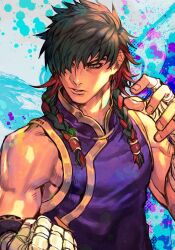 Rule 34 | 1boy, bare shoulders, black hair, bosch (street fighter), braid, clenched hand, fighting stance, hair over one eye, hungry clicker, male focus, muscular, muscular male, paint splatter, red hair, solo, street fighter, street fighter 6, twin braids, upper body