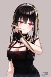 Rule 34 | 1girl, absurdres, bare shoulders, black dress, black gloves, black hair, blush, breasts, closed mouth, dagger, dated, dress, earrings, fingerless gloves, gloves, gold hairband, golden rose, grey background, hair between eyes, hairband, hand up, highres, holding, holding weapon, jewelry, knife, large breasts, looking at viewer, red eyes, short hair with long locks, sidelocks, signature, simple background, sleeveless, sleeveless dress, smile, solo, sparkle, spy x family, standing, stiletto (weapon), weapon, yor briar, zerotsu 0215
