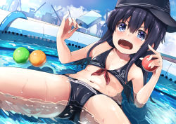 Rule 34 | 1girl, adapted costume, akatsuki (kancolle), anchor symbol, ball, bikini, black bikini, black hair, black hat, blue eyes, flat cap, flat chest, food, front-tie top, hat, highres, hose, kantai collection, long hair, navel, open mouth, popsicle, shallow water, sitting, solo, spread legs, swimsuit, taisho (gumiyuki), teeth, upper teeth only, wading pool, water