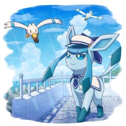 badge bird blue_eyes blush closed_mouth cloud commentary_request creatures_(company) day game_freak gen_3_pokemon gen_4_pokemon glaceon glaceon_(summer_sailor) hat long_hair necktie nintendo no_humans outdoors pokemon pokemon_(creature) pokemon_cafe_remix sailor_collar sailor_hat sidelocks signature smile standing wataame4907 water wings wingull