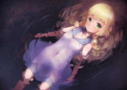 Rule 34 | 1girl, afloat, blonde hair, blush, braid, closed mouth, collarbone, collared dress, commentary request, covered navel, creatures (company), dress, eyelashes, from above, game freak, green eyes, highres, lillie (pokemon), long hair, nintendo, oren (770len), pokemon, pokemon sm, ripples, see-through, sleeveless, sleeveless dress, smile, solo, twin braids, water, wet, wet clothes