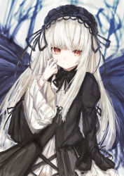 Rule 34 | 1girl, absurdres, black dress, black hairband, blurry, blurry background, closed mouth, depth of field, dress, hairband, hand up, highres, juliet sleeves, long hair, long sleeves, looking at viewer, piennamekuzi, puffy sleeves, red eyes, rozen maiden, smile, solo, suigintou, very long hair, white hair, wide sleeves