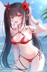 Rule 34 | 1girl, alternate costume, arm up, bare shoulders, bikini, black hair, blue sky, breasts, cloud, cloudy sky, commentary request, earrings, flower, flower earrings, flower tattoo, hair flower, hair ornament, halterneck, highres, honkai: star rail, honkai (series), jewelry, long hair, looking at viewer, medium breasts, mole, mole under each eye, mole under eye, multiple moles, nasii, navel, open mouth, outdoors, pink eyes, red bikini, red flower, side-tie bikini bottom, sky, smile, solo, sparkle (honkai: star rail), stomach, swimsuit, tattoo, twintails, very long hair, wading