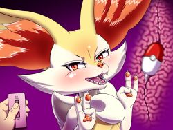Rule 34 | 1girl, animal ears, animal hands, artist request, blush, braixen, claws, controller, creatures (company), cross-section, double v, egg vibrator, fox ears, furry, furry female, game freak, gen 6 pokemon, half-closed eyes, hands up, highres, looking at viewer, nintendo, no humans, object insertion, open mouth, pokemon, pokemon (creature), pokemon xy, purple background, red eyes, remote control, remote control vibrator, sex toy, sharp teeth, simple background, smile, solo, teeth, text focus, translation request, v, vaginal, vaginal object insertion, vibrator