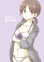 Rule 34 | 1girl, akara kai, bikini, breasts, brown eyes, brown hair, dated, front-tie bikini top, front-tie top, grey background, grey jacket, highres, hood, hooded jacket, hoodie, jacket, kantai collection, low twintails, one-hour drawing challenge, parted bangs, shirayuki (kancolle), short twintails, small breasts, solo, swimsuit, twintails, twitter username, white bikini