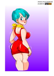 Rule 34 | 1girl, absurdres, arms at sides, ass, blue eyes, blush, breasts, bulma, closed mouth, cropped legs, dragon ball, dragonball z, dress, earrings, female focus, from behind, funsexydragonball, gradient background, green hair, highres, jewelry, large breasts, legs, looking at viewer, looking back, mature female, motion lines, nail polish, red dress, red nails, scarf, short hair, sideboob, simple background, smile, solo, standing, thighs, two-tone background, yellow scarf