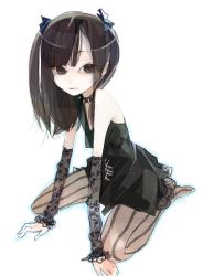Rule 34 | 1girl, amiami, bare shoulders, black eyes, black hair, choker, collar, detached sleeves, dress, female focus, fishnets, lace, original, pale skin, sitting, solo, spiked collar, spikes, wariza, white background