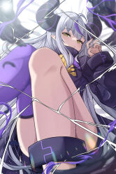Rule 34 | 1girl, ahoge, ankle cuffs, ascot, blush, closed mouth, coat, collar, demon girl, demon horns, feet out of frame, grey hair, hand up, hashira 14, highres, hololive, horns, knees up, la+ darknesss, la+ darknesss (1st costume), legs, long hair, long sleeves, looking at viewer, metal collar, multicolored hair, pointy ears, purple coat, purple hair, purple thighhighs, sidelocks, single thighhigh, solo, streaked hair, striped horns, thighhighs, very long hair, virtual youtuber, yellow ascot, yellow eyes
