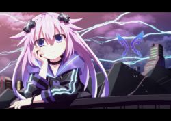 Rule 34 | 10s, 1girl, adult neptune, breasts, building, croire, d-pad, fairy wings, hair ornament, hood, hooded track jacket, jacket, letterboxed, lightning, long hair, looking at viewer, mizunashi (second run), neptune (neptunia), neptune (series), purple eyes, purple hair, smile, solo, track jacket, wings