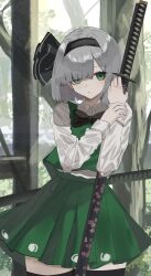 Rule 34 | 1girl, black bow, black bowtie, black hairband, black ribbon, black thighhighs, blunt bangs, bob cut, bow, bowtie, commentary request, cowboy shot, green eyes, green skirt, green vest, grey hair, hairband, highres, holding, holding sword, holding weapon, konpaku youmu, long sleeves, looking at viewer, mino (minori), open mouth, ribbon, sheath, sheathed, shirt, short hair, skirt, solo, sword, thighhighs, touhou, tree, vest, weapon, white shirt