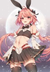 1boy absurdres astolfo_(fate) astolfo_(saber)_(fate) astolfo_(saber)_(first_ascension)_(fate) bad_id bad_pixiv_id bare_shoulders black_bow black_gloves black_ribbon black_thighhighs blush bow bowtie commentary_request fate/grand_order fate_(series) from_below gloves hair_bow hair_intakes hair_ribbon highres long_hair long_sleeves looking_at_viewer male_focus moon multicolored_hair navel pink_hair purple_eyes ribbon smile solo streaked_hair tacco_(tikeworld) thighhighs trap twintails white_hair