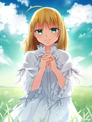 Rule 34 | 1girl, ahoge, alternate hairstyle, artoria pendragon (all), artoria pendragon (fate), bad id, bad pixiv id, blonde hair, blue dress, dress, fate/grand order, fate/stay night, fate (series), green eyes, highres, ichiren namiro, last episode, looking at viewer, namiro @ mail order, official alternate costume, saber (fate), solo