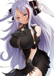 Rule 34 | 1girl, ahoge, azur lane, black dress, bow, breasts, brown eyes, closed mouth, dress, hair bow, hair ornament, hand on own chest, hand up, highres, huge breasts, long hair, looking at viewer, prinz eugen (azur lane), prinz eugen (cordial cornflower) (azur lane), shinka (yonkun121), simple background, smile, white background, white hair