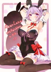 Rule 34 | 1girl, absurdres, animal ears, arm strap, armpits, arms up, azur lane, bare shoulders, black leotard, black thighhighs, blush, bow, bowtie, breasts, character name, chinese zodiac, cleavage, closed mouth, commentary request, commission, copyright name, covered navel, detached collar, fake animal ears, hair ornament, highleg, highleg leotard, highres, large breasts, leotard, looking at viewer, matchless (azur lane), mole, mole under eye, origami aya, playboy bunny, pleated skirt, purple eyes, purple hair, rabbit ears, rabbit hair ornament, rabbit pose, red bow, red bowtie, shadow, sidelocks, signature, sitting, skeb commission, skindentation, skirt, smile, solo, strapless, strapless leotard, thighhighs, white skirt, wrist cuffs, year of the rabbit, yokozuwari, zettai ryouiki