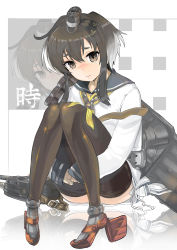 Rule 34 | 10s, 1girl, alternate legwear, brown eyes, brown hair, hairband, headgear, highres, kantai collection, looking at viewer, machinery, reflection, short hair, sitting, sleeves past wrists, solo, tears, thighhighs, tokiti, tokitsukaze (kancolle), turret, wavy mouth