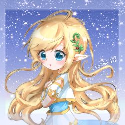 Rule 34 | 1girl, artist request, blonde hair, blue eyes, elf, hair ornament, highres, long hair, looking at viewer, maplestory, mercedes (maplestory), open mouth, pointy ears, solo