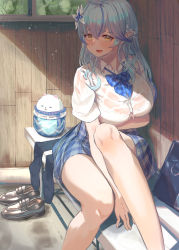 Rule 34 | 1girl, :d, absurdres, ahoge, barefoot, blue hair, blush, bow, bowtie, breasts, daifuku (yukihana lamy), elf, flower, hair between eyes, hair flower, hair ornament, half updo, highres, hololive, large breasts, loafers, long hair, looking at viewer, open mouth, plaid, plaid skirt, pointy ears, roco (rocoroco1115), shirt, shoes, sitting, skirt, smile, solo, unworn thighhighs, virtual youtuber, wet, wet clothes, wet shirt, yellow eyes, yukihana lamy