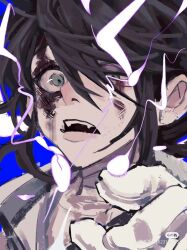 1boy beijingban18388 black_hair blood blood_on_face blue_background chinese_commentary commentary_request fangs gloves grey_eyes hair_between_eyes hand_up highres identity_v long_hair lower_lip_only luca_balsa male_focus open_mouth portrait solo uneven_eyes white_gloves