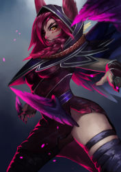Rule 34 | 1girl, breasts, brown eyes, highres, league of legends, looking at viewer, medium breasts, pink hair, solo, standing, tagme, thighs, xayah